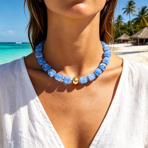 Chunky Colorful Beaded Necklaces for Women Big Bead Boho Choker Necklace Trendy Heart Statement Necklace Summer Beach Jewelry Mothers Day Gifts for Mom Daughter - color: Sky-blue Square Beads