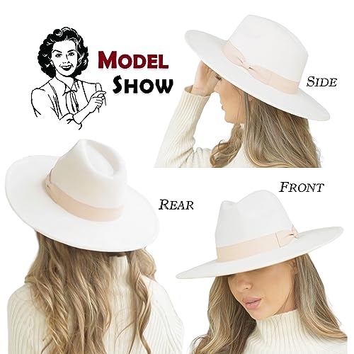 FLUFFY SENSE. Big Wide Brim Fedora Hat for Women - Nashville Outfits Western Hats Women's Felt Panama Rancher Hat - color: Ivory