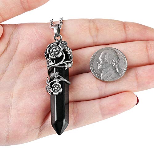 Top Plaza Antique Silver Flower Wrapped Natural Black Agate Healing Crystal Necklace - color: Black Agate