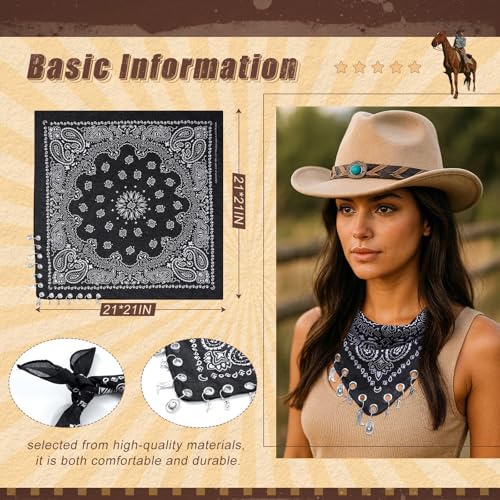 AWAYTR 100% Cotton Bandana for Cowgirl Western Cowboy Costume, 21 Inch Paisley Scarf with Grommet Western Ornaments - color: Black
