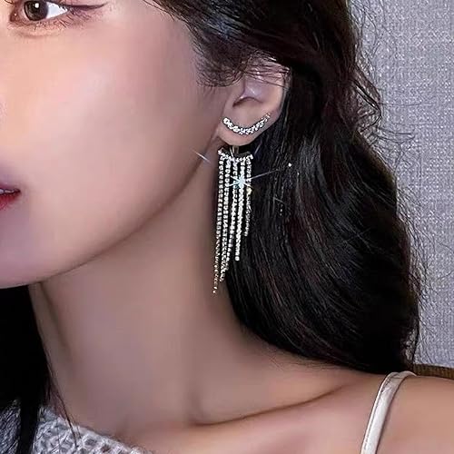 Silver Rhinestone Tassel Earrings for Women Fringe Dangle Drop Lightweight Earrings Jewelry Gifts