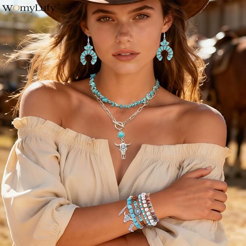 Turquoise Western Jewelry Set for Women, Boho Cowgirl Earrings Bracelet Stack and Layered Necklace, Silver Tone, Multiple Styles - style: Half-Moon Cluster