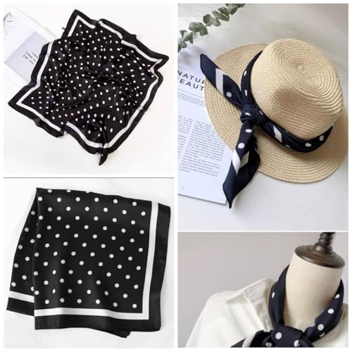 CHUNG Women's Scarf Hair Bandanas Square 27.5" Satin Wrap Fashion Pattern Scarves Emulation Silk Handbag Ribbons Necktie - color: Black Dot