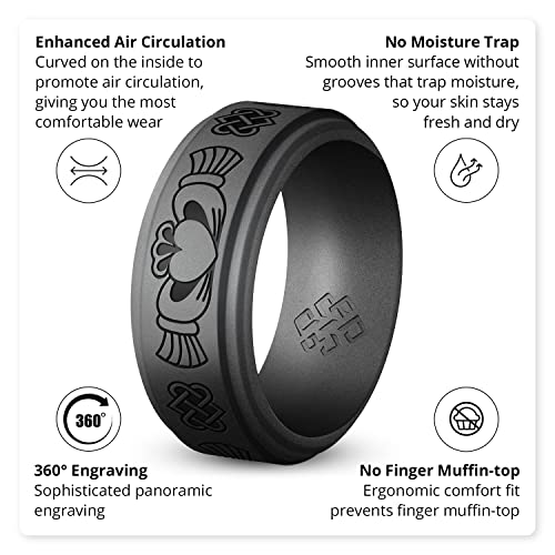 Knot Theory Silicone Ring for Men - Trinity, Claddagh, Celtic Engraving - 8mm Bandwidth Breathable Comfort Fit - color: Dark Silver Claddagh, size: Size 9 ~ 9.5