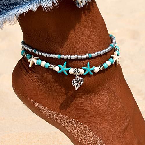 Fesciory Puka Shell Anklet for Women Summer Natural Cowrie Adjustable Ankle Bracelet, Handmade Boho Hawaiian Beach Seashell Jewelry - color: F:Heart