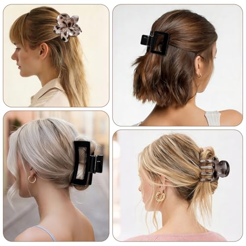 8 Pcs Neutral Matte Hair Claw Clips Set, Strong Hold Non-Slip Jaw Clips for Women Girls, Rectangle & Flower Design Hair Clips for Thick/Thin Hair, Daily & Styling Accessories（Black & Leopard) - color: Black-Leopard