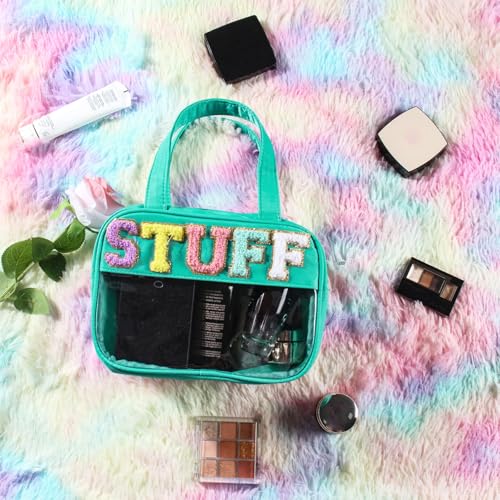 BuyCard Chenille Letter Clear Makeup Bags, Stuff Bag for Travel, Preppy Patch Nylon Cosmetic Bag with Handles and Zipper, Waterproof Large Clear Travel Toiletry Bag Storage Bag for Women - color: Green-Stuff