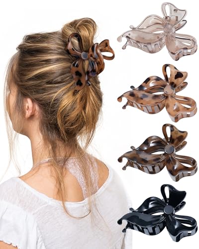 4 PCS Bow Hair Clips Bow Claw Clip for Women, Large Hair Claw Clips for Thin Thick Long Hair Cute Nonslip Bows (Black+Leopard Dark Brown+Leopard Light Brown+Gray) - color: Black+Leopard Dark Brown+Leopard Light Brown+Gray