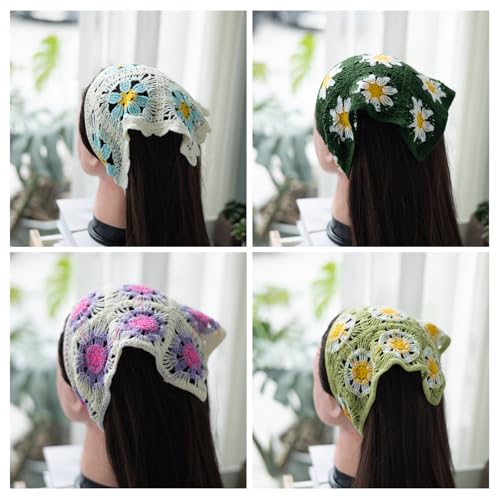 4 Pack Crochet Bandanas Boho Bandana Headband Cute Flowers Knitted Head Scarf (Daisy) - color: Daisy