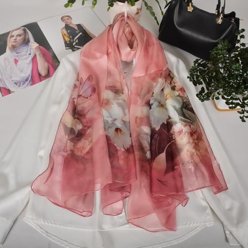 100% Mulberry Silk Women's Neck Silk Scarf-Lightweight Shawl,FLoral Print Beach Silk Wrap-Scarves for Photography - color: Dark Pink Lily
