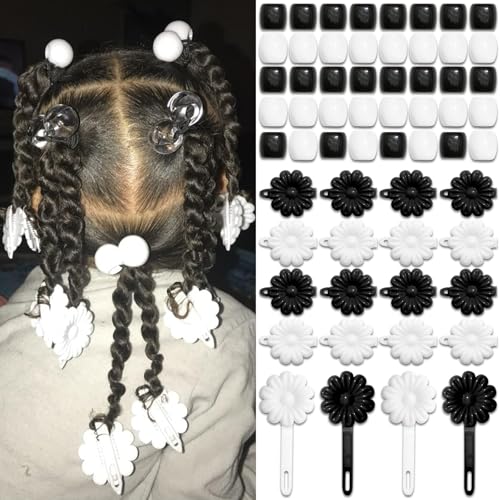 60PCS Black&White Braids Beads Cute Pony Beads for Hair Dreadlock Flower Self Hinge Hair Barrettes Loc Jewelry Accessories Plastic Hair Pins for Kids Girls - color: Black&White