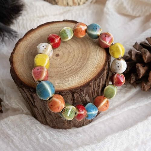 Handmade Multi-Color Faceted Ceramic Beads Bracelet for Women, Boho Stretch Bracelet with Oval Colorful Glazed Beads, Adjustable Bohemian Jewelry Gift for Mom Wife - color: colorful