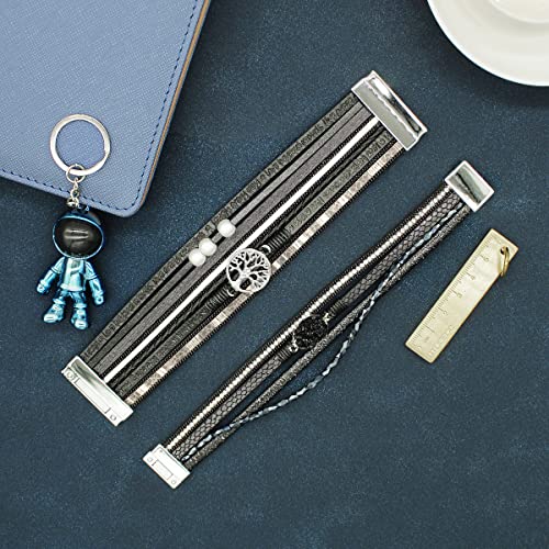 Boho Leather Wrap Bracelets Bohemian Crystal Bracelets Trendy Layered Bracelet with Magnetic Clasp Jewelry Gifts for Women - color: Black