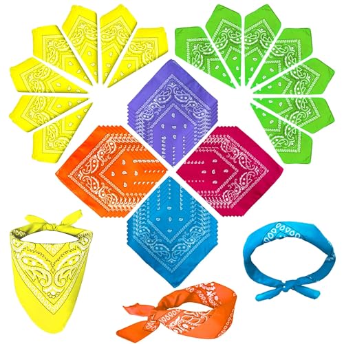 ILHSTY 60 Pcs Women Men Paisley Bandanas Bulk Unisex Bandanas Head Cowboy Scarf Necktie handkerchief Party Supplies - color: Neon