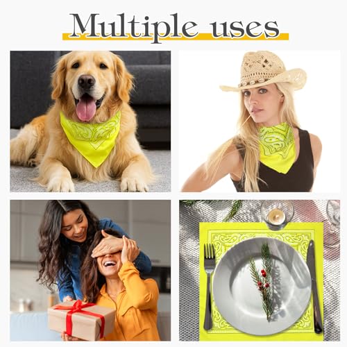 Blulu 12 Pack Neon Bandanas Bulk Multi Purpose Paisley Cowboy Bandanas for Men Women Headband Western Music Festival Rave - color: Light Yellow
