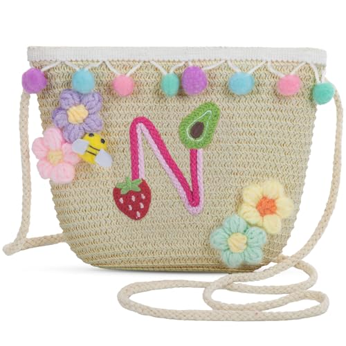 Letter Small Woven Straw Summer Beach Tote Bag for Women 2025,Woven Straw Beach Purse Shoulder Crossbody Bag for Women 2025 - color: Brown N