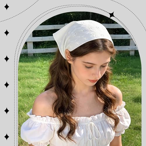 2 Pieces Head Bandana, Lace Head Scarf White Headband for Women Vintage Adjustable Kerchief Parties Dances Ballets