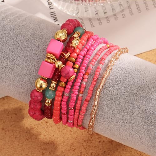 IFKM 8PCS Beaded Bracelets for Women, Multilayered Stackable Strand Stretch Bead Bracelet Pack Handmade Trendy Bohemian Charm Jewelry - color: Rose Red