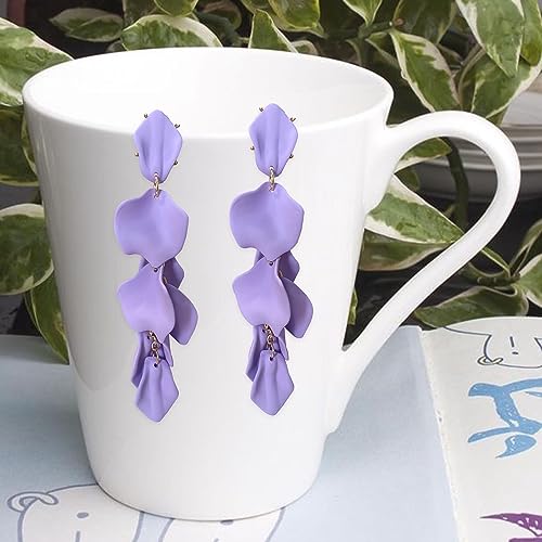 Long Acrylic Rose Petal Earrings Dangle Exaggerated Flower Earrings Drop Statement Floral Tassel Earrings for Women - color: Violet