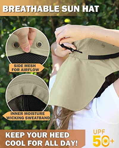 Tirrinia Wide Brim Sun Hat with Neck Flap for Men & Women, Breathable Hiking Fishing Safari Hat, Outdoor UV Protection Cap - color: # Tan