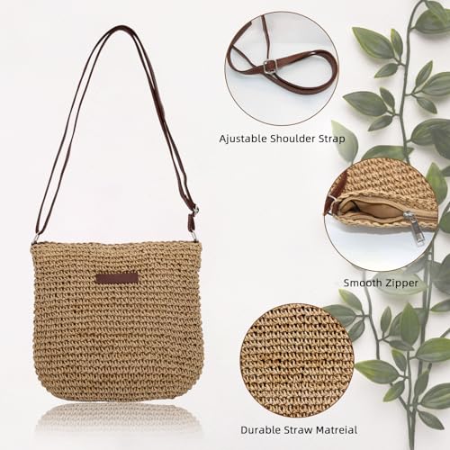 Straw Bag for Women Small Summer Beach Crossbody Bag Boho Handmade Weave Shoulder Handbags Purse for Vacation Travel - color: Khaki