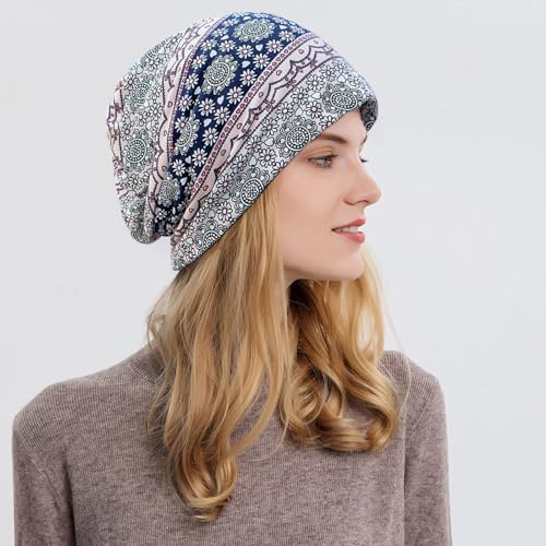 XYIYI Womens Chemo Headwear Hats Cotton Slouchy Beanie Cap Scarf - color: 2pcs Daisy Navy Orange