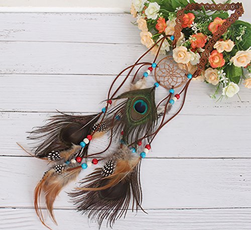 Women Lady Bohemian Peacock Feather Headband Dreamcatcher Headdress Hippie Headpiece Headwear Handmade Tribal Indian Fascinator Feather Hairband Hair Accessories - color: brown