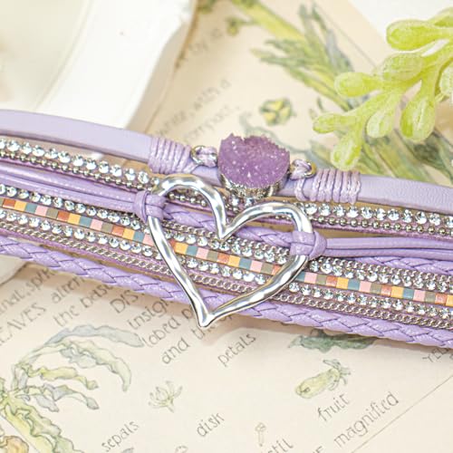 Leather Wrap Bracelet for Women, Boho Cuff Bracelet with Strong Clasp, Multi-Layer Crystal Leather Bracelet for Valentine Mother's Day - color: 01-Heart-Purple