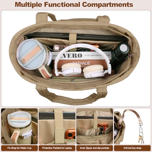YFWE Puffer Tote Bag for women, Lightweight Tote Bag with Compartments for Work, Travel, School, Gym & Nurses - color: Khaki