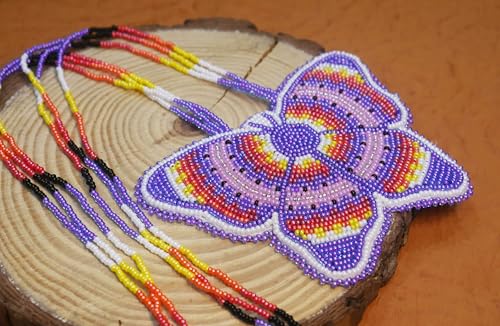 Handmade Native American Style Tribal ethnic Seed Bead Beaded Layered Medallion Necklace #1 - color: Purple Butterfly