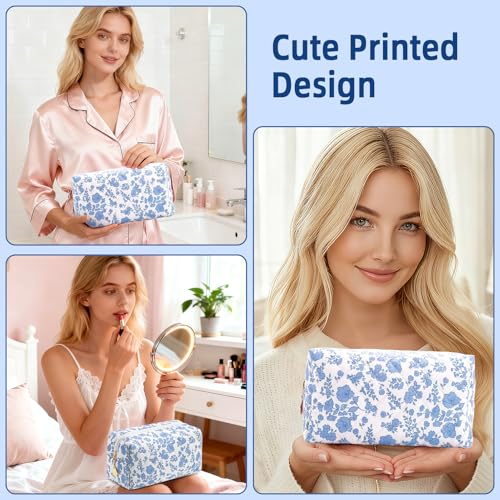 Small Makeup Bag Quilted Cosmetic Bag Floral Travel Toiletry Bags for Women Cute Pencil Case Quilted Makeup Pouch Aesthetic Coquette Cosmetic Pouch Cotton Make Up Bags Cute Zipper Pouches Blue - color: Ac-blue flower