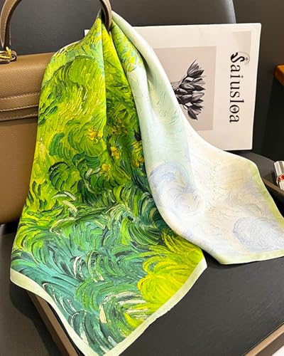 Saiusloa Neck Scarf For Womens Silky Head Scarves Hair Bandanas Square Scarf Fashion Accessories lightweight - color: 20-green Oil Painting
