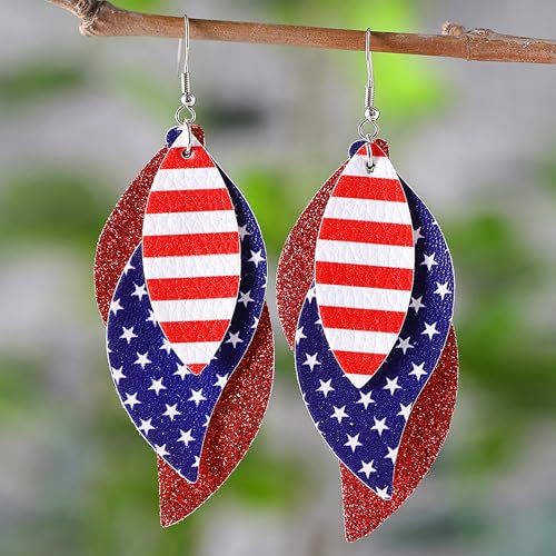 ANXIN boho unique Leather Earrings 2 Layered Lightweight Faux Leather Leaf Earrings Layered Design Drop Earrings Gift for Women - color: Red White Blue