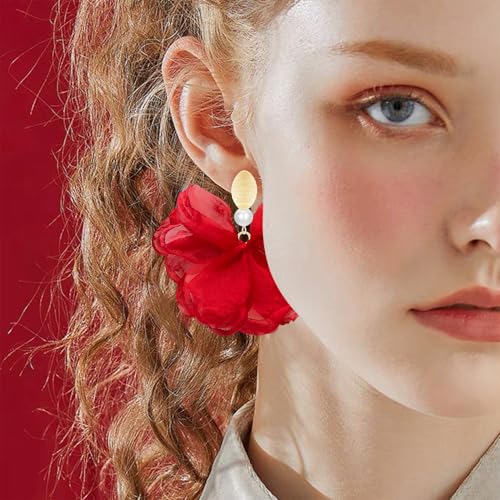 Handmade Fabric Flower Petal Fringe Dangle Drop Earrings Bohemian Floral Tassel Stud Earrings For Women - color: Red