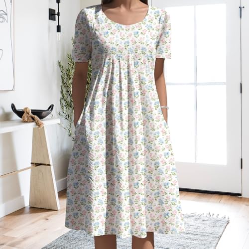 Midi Dress for Women Boho Floral Pattern Short Sleeve Crew Neck Vacation Beach Sundress Lightweight Comfy - color: Green White Blue, size: 5X-Large
