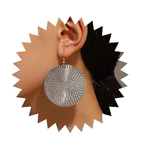 Boho Texture Disc Earrings - Gold Coin Vintage Drop Earrings, Hammered Round Circle Dangle Jewelry for Women - color: Silver