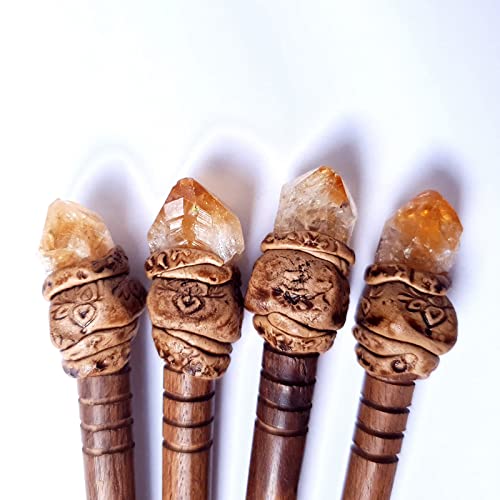Natural Tumbled Healing Gemstone Crystal Wooden Hair Stick Handmade Gifts Boho Reiki by Smoky Quartz (Citrine raw) - color: Citrine raw
