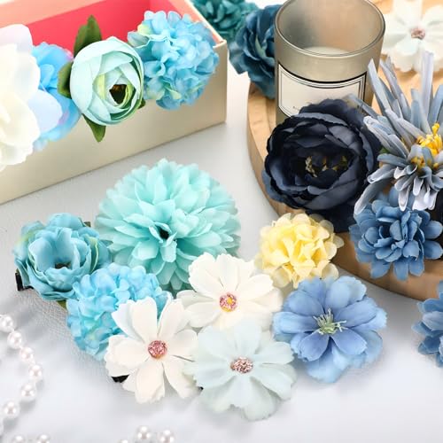 BBTO 21 Pcs Flower Hair Clip Rose Hair Clips Barrettes for Women Flower Accessories Boho Bride Claw Clip Hairpin Brooch Pin Headpiece for Wedding (Light Blue) - color: Light Blue