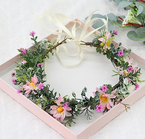 Vivivalue Wedding Floral Crown Adjustable Flower Headband Hair Wreath Floral Headpiece Halo Boho with Ribbon Party Prom Festival Photos - color: 3