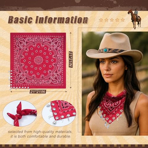 AWAYTR 100% Cotton Bandana for Cowgirl Western Cowboy Costume, 21 Inch Paisley Scarf with Grommet Western Ornaments - color: Red