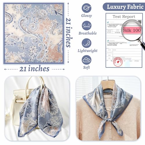 100% Mulberry Silk Neck Scarf 21''x21'' Small Square Hair Scarf for Women Men Lightweight Bandana Envelope Package - color: Cashew- Blue