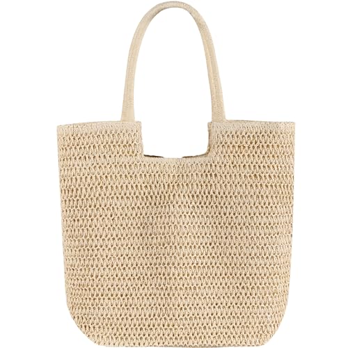 WantGor Straw Beach Bags, Women Summer Woven Tote Bag Large Boho Shoulder Handbags Casual Travel Beach Bag Foldable Hobo Bags - color: Beige