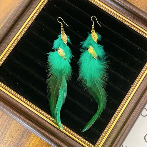 Feather Earrings for Women Bohemian Fringe Tassel Long Drop Dangle Earrings Lightweight Boho Statement earrings - color: green