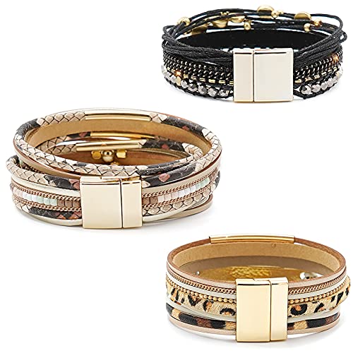 Wowanoo 3Pack Leather Cuff Bracelet Set Multilayer Wrap Bracelet Crystal Feather Tree Bracelet Magnetic Clasp Bracelet for Women - color: Leopard Black