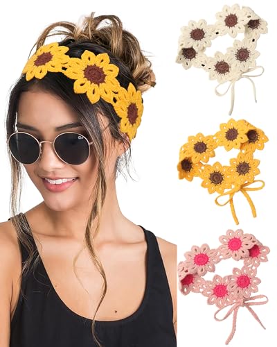 HAIMEIKANG Hippie Hair Bandanas Headbands for Women Boho Headband Knit Hair Bands Floral Head Wrap for Girls(Beige + Pink + Yellow) - color: Beige + Pink + Yellow