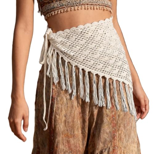 Women Y2K Lace Fringe Hip Scarf Boho Triangle Tassel Waist Cover Up Skirt Wrap Sheer Tie Belt Aesthetic Streetwear - color: G White