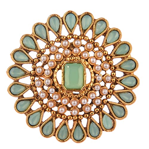 Efulgenz Indian Jewelry Rings for Women Antique Round Faux Pearl Crystal Bollywood Adjustable Big Finger Ring Fashion Party Statement Jewelry for Women - color: Mint