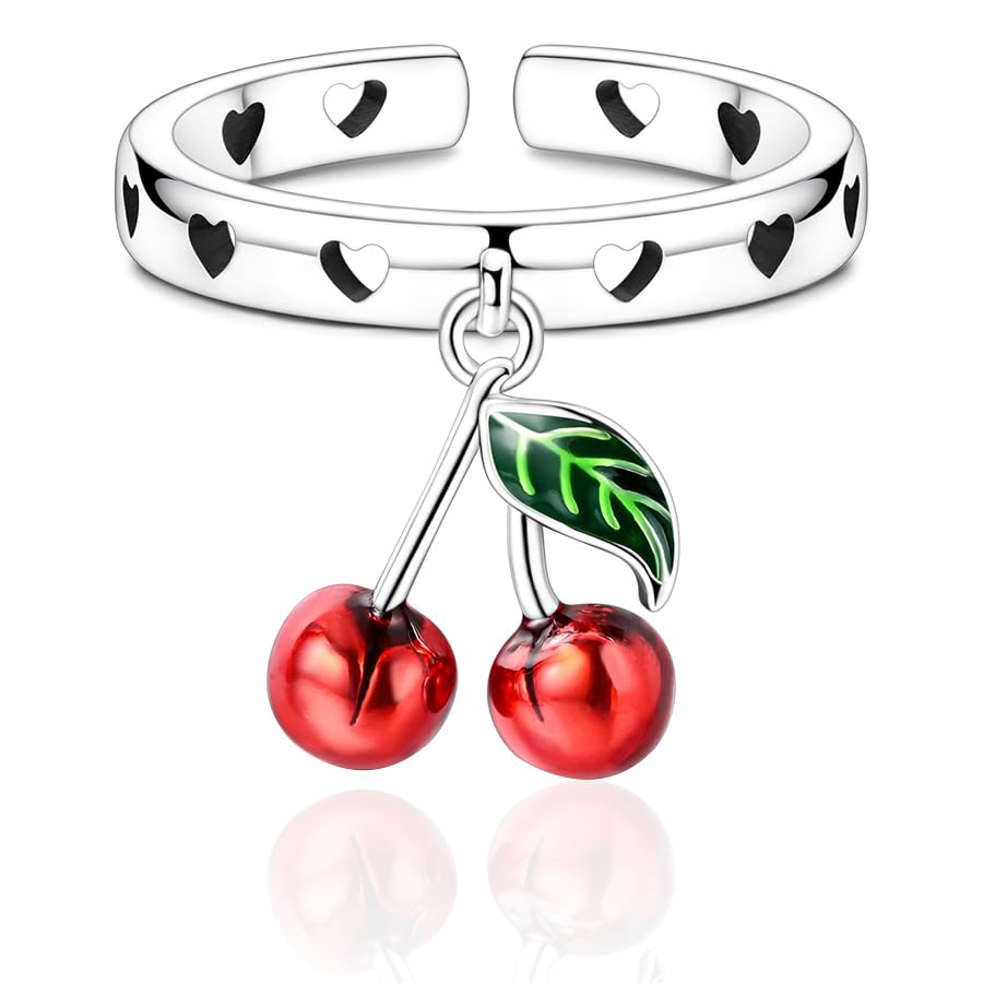 PARCOM Adjustable Women Stackable Ring, 925 Sterling Silver Open Rings - Trendy Eternity Cubic Zirconia Stackable Band Engagement Promise Ring for Her, Hypoallergenic Non Tarnish Nature Bird Floral Thumb Rings - color: Cherry Shaped