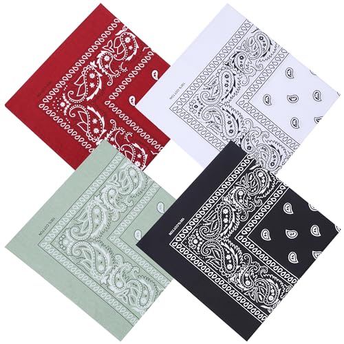 Mochabao 100% Cotton 27" x 27" Large Bandanas for Men & Women, Multi-Purpose Bandana Headbands, Square Head Scarf - color: White/Red/Black/Sage Green