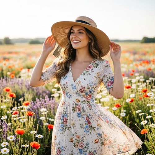 DRESHOW Beach Hats for Women Big Straw Wide Brim Summer Hat Floppy Foldable Roll up Cap Sun Hat UPF 50+ - color: Khaki (Black Band) /Normal Edge